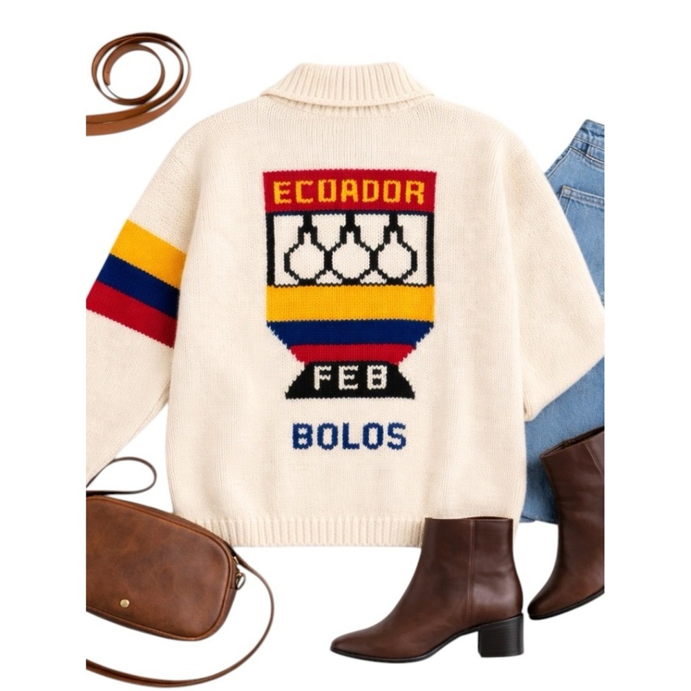 Handmade Ecuador Wool Sweater Jacket Trophy Graphic Zip Rare Women Medium